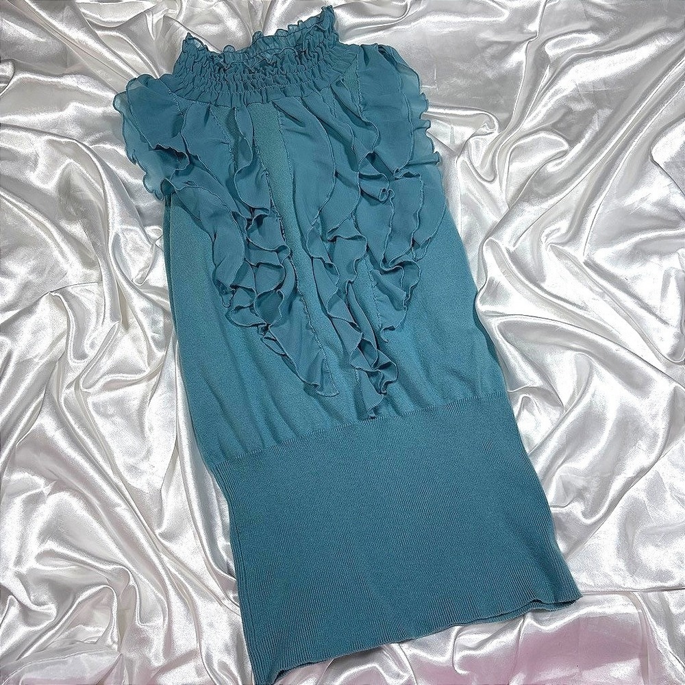 y2k ruffled Knit Top Teal Blue Smocked High Neck Sleeveless Tracy M.
